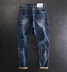 Jeans for Men Straight Cropped Trousers Graphic Motorcycle with Print Pockets Male