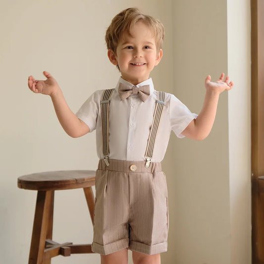 Children's Boys Khaki Striped Suit Set Formal Luxurious Kids Boys Wedding Suit Elegant Kids Boy Suit 1-10Y Boys Suits Outfit Set