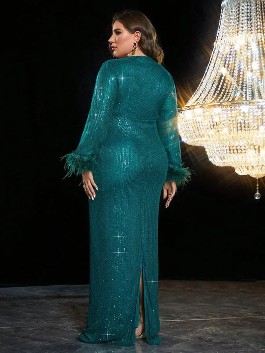 Women Plus Size Maxi Dresses V-neck Sequin Mesh Stitching Evening Gown