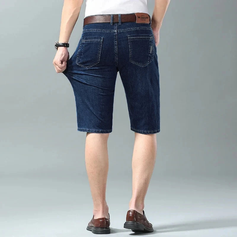 Summer Men Denim Shorts New Style Thin Embroidery Business Casual Straight Short Jeans Male Brand Clothing Black Blue