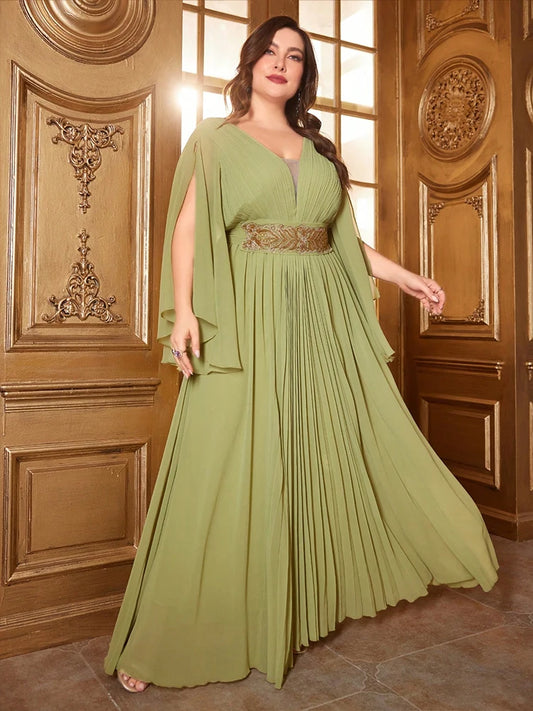Women Plus Size Maxi Dresses Casual Mustard-Yellow Chiffon Draping Dress Women's