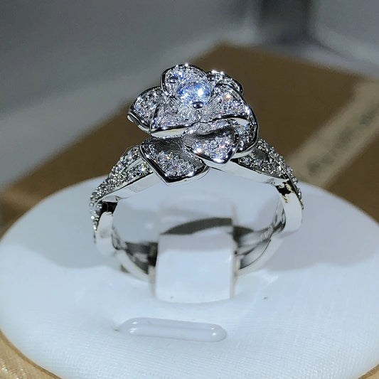 925 Sterling Silver InterTwined Three-Dimensional Rose Ring White Zircon Full Diamond