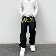 Hip Hop Flying Dog Print Jeans for Men High Street Straight Loose Wide leg Pants