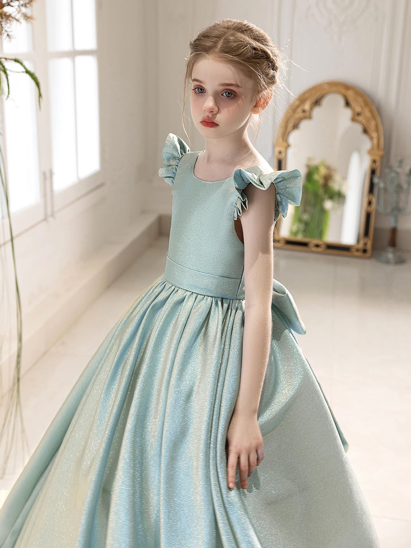 Children's High-end Blue Dress Back Big Bow Long Dress Weddings Birthday Party Gown