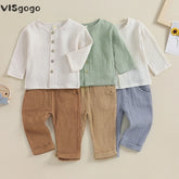 VISgogo 2pcs Kids Baby Boys Outfit Button Down Long Sleeve T-shirt with Solid Color Long Pants Linen Spring Fall Outfit