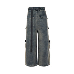 RO Style Gradient Ribbons Multi-pockets Drawstring Jeans for Men Harajuku Streetwear