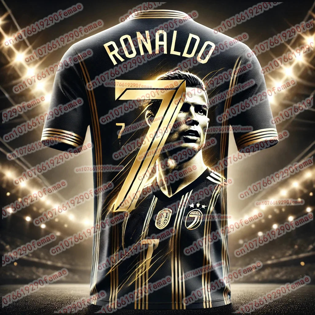 2025 New High end Luxury Cristiano Ronaldo Black Gold Commemorative Edition Sports T-shirt Outdoor Quick drying Through Jersey