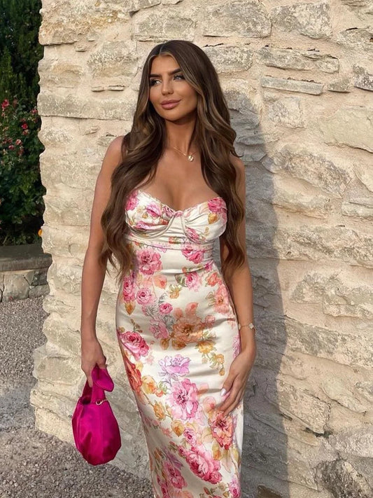 Spaghetti Strap Floral Print Party Dresses Elegant Maxi Bodycon Wedding