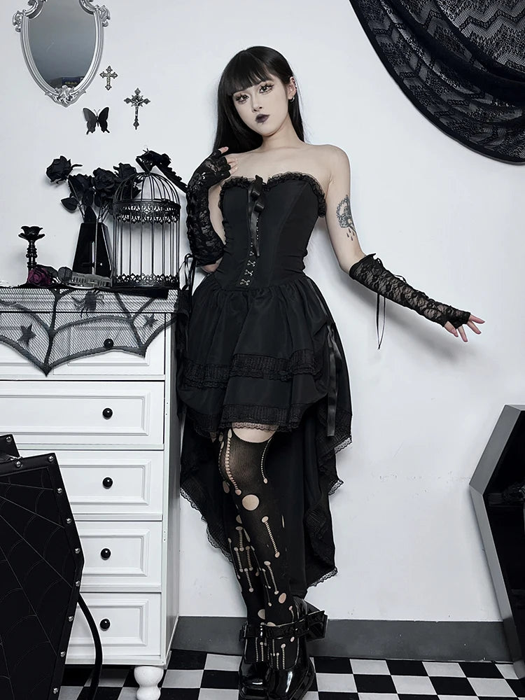 Formal attire Dresses: Swing Dress Women Mall Goth Lace Trim Sleeveless Dress