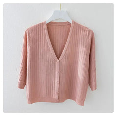 Fashion Women Solid Knitted Sweaters Coats Spring Summer Half Sleeve V-neck