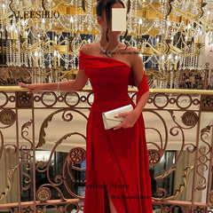 Homecoming Dresses: A-Line Red Long Prom Dress Pleated Off The Shoulder
