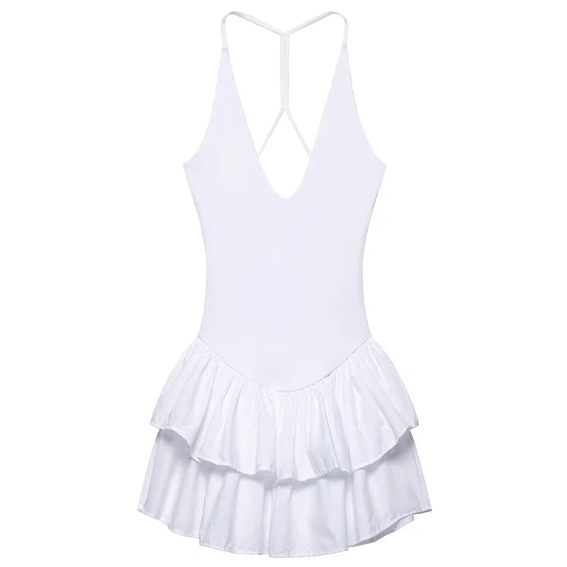 Women's Dresses 2025 Halter Pink Mini Dresses Chic v Neck Layer Ruffles Hem Dress A Line Vestido Summer Ladies Street Party Wear