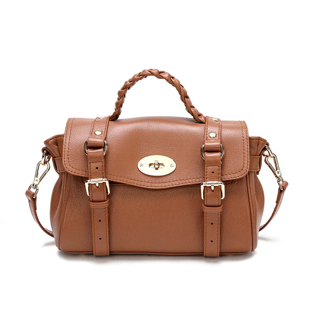 Retro Cowhide Women Messenger Bag Braid Top Handle Genuine Leather