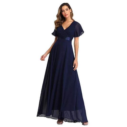 Women V-Neck Chiffon Dress Wedding Evening Party Long Dress