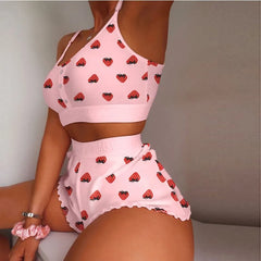 2 Pieces Set Women's Pajama Shorts Suit Multiple Print Underwear Lingerie