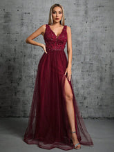 Homecoming Dresses: V-neck 3d sequin embroidered mesh slit skirt
