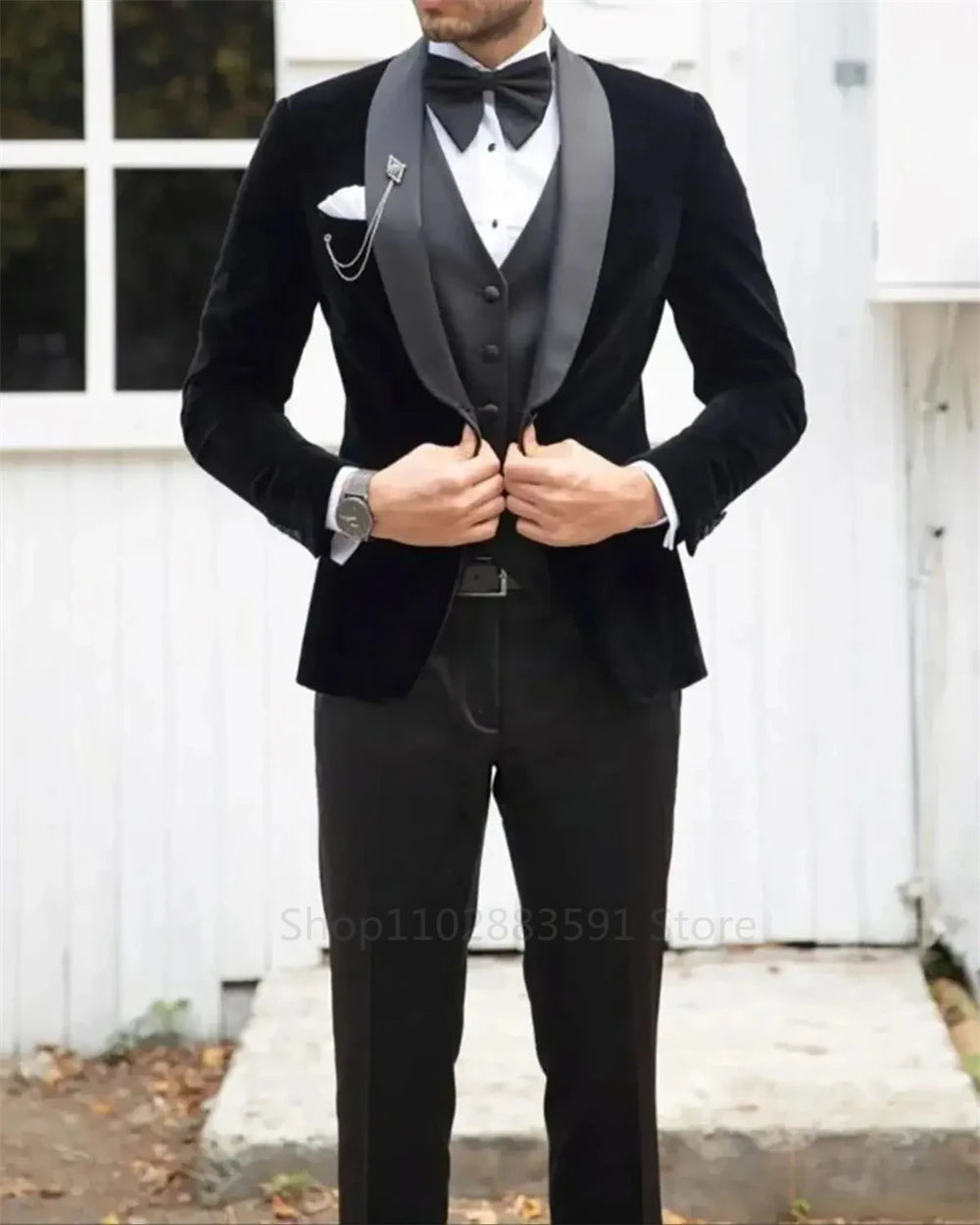 Tuxedo for Mens: Black Men Wedding Suit Shawl Lapel Groom Wear Tuxedos Business