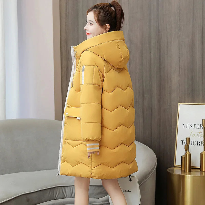 Women Winter Coat Mid-length Cotton Padded Parkas Hooded Warm Thicken