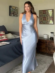 Lulus Slate Blue Satin Twist-Back Maxi Dress Womens