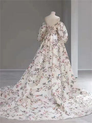 Homecoming Dresses: Long Sweep Train Flower Print Prom Gown