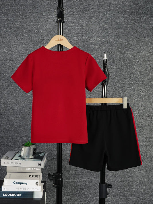 2pcs Boys Casual Colorblock Short Sleeve T-shirt & Shorts Set, Comfy Summer Kids Clothes