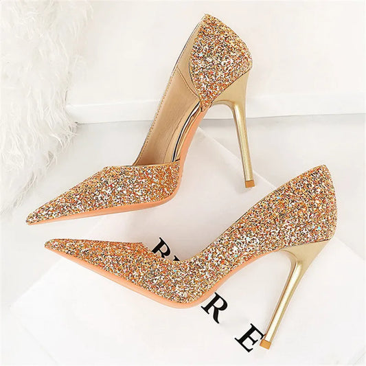 Women 7cm 10.5cm Super High Heels Blue Gold Pumps Sequins Bling Low Heels