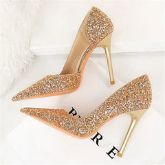 Women 7cm 10.5cm Super High Heels Blue Gold Pumps Sequins Bling Low Heels