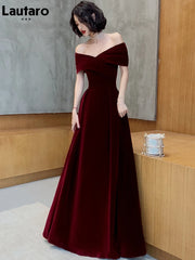 Lautaro Spring Long Luxury Elegant Wine Red Soft Velvet Evening Party Wedding Dresses