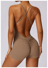 Women Fitness Jumpsuit Running Workout One Piece Yoga Suit Scrunch Butt Shorts