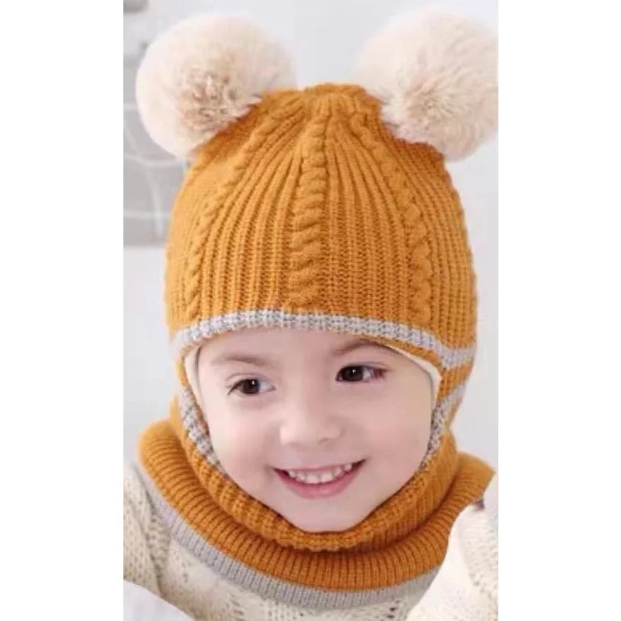 2-4year kid's knitted hat winter warm woolen hat mask scarf one-piece