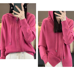 autumn and winter hooded cardigan women's knitted top loose sweater casual