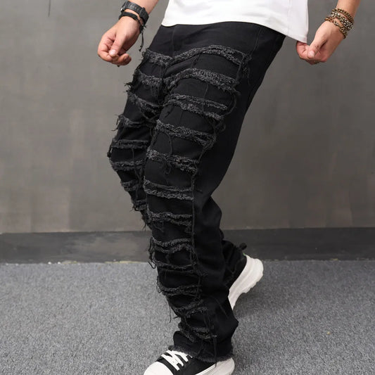 Ripped Jeans Pants Male Loose Straight Solid Casual Denim Trousers