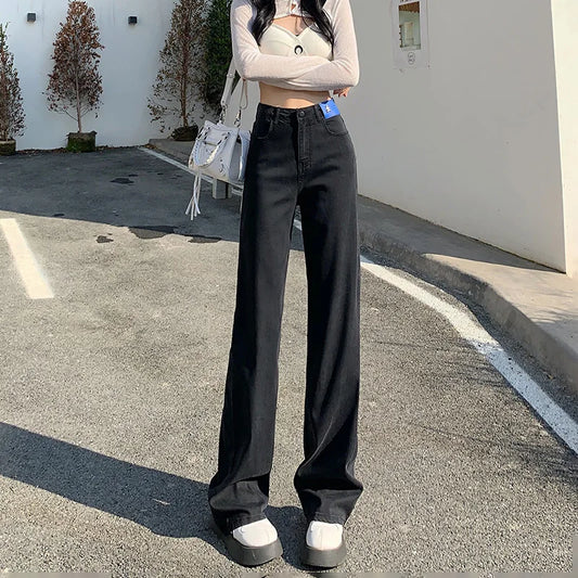Summer Lyocell Jeans Women Blue Black High Waisted Straight Wide Leg Denim
