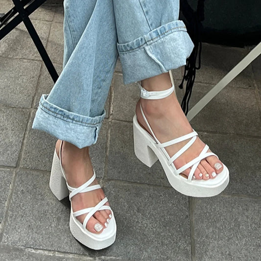 Women High Heels Party Shoes Chunky Sandals Cross Tied Pumps