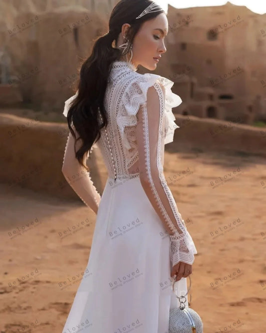 White Bridesmaid Dresses: Wedding Dresses A-Line Chiffon Bridal Gowns Flare Sleeves
