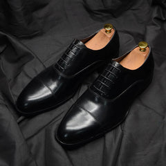 Luxury Genuine Leather Mens Business Dress Shoes Black Cap Toe Lace-Up Oxfords