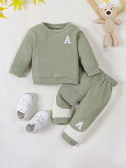 Autumn and winter baby boy cute fashion sports style A-line embroidery design long sleeved round neck top and pants set