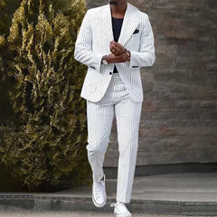 Mens Beach Wedding attire: Men Stripe Suit with Pant Business Leisure Groomsman