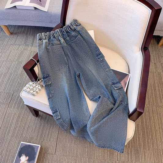 Plus size women's fall casual denim pants Blue washed denim cargo pants
