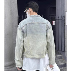 American Retro Industry Short Denim Jacket Men Loose Washed Wear Zipper Racing Coats