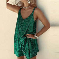 V-neck Backless Sling Dress Women Spring Glitter Sequin Shiny Mini Dress