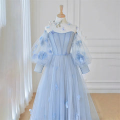 Homecoming Dresses: Sky Blue Tulle Prom Dress Long Sleeve Party Dress A-Line