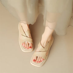 Women Genuine Leather Sandals Square Toe Platform Block Mid Heels