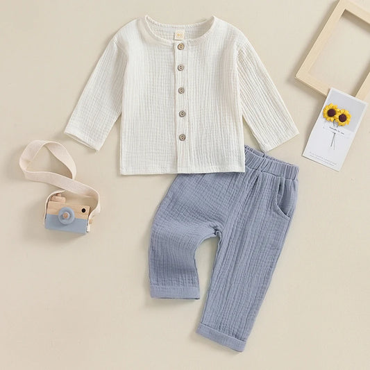 VISgogo 2pcs Kids Baby Boys Outfit Button Down Long Sleeve T-shirt with Solid Color Long Pants Linen Spring Fall Outfit