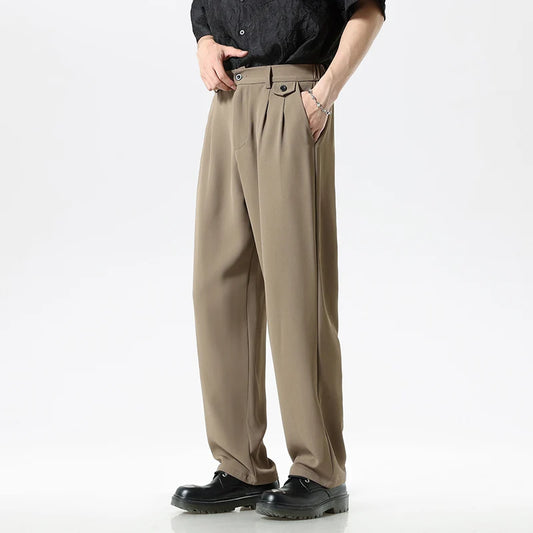 Men's Casual Loose Straight Suit Pants Button Elastic Waist Korea Leisure