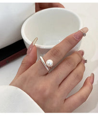 925 Sterling Silver Round Pearl Ring Wedding Adjustable Rings For Women Jewelry