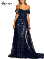 Evening wear Dresses: Elegant Navy Blue Off Shoulder Bridesmaid Dress