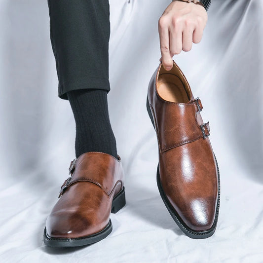 Luxury Monk Leather Men Shoes Buckle Pointed Slip On Loafers Dress Shoes
