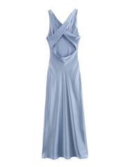 Lulus Slate Blue Satin Twist-Back Maxi Dress Womens
