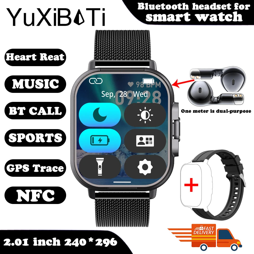 NFC Smart Watch TWS 2-in-1 Headset Bluetooth Call Heart Rate Blood Pressure Health Monitoring Headphones Play Music Smartwatch